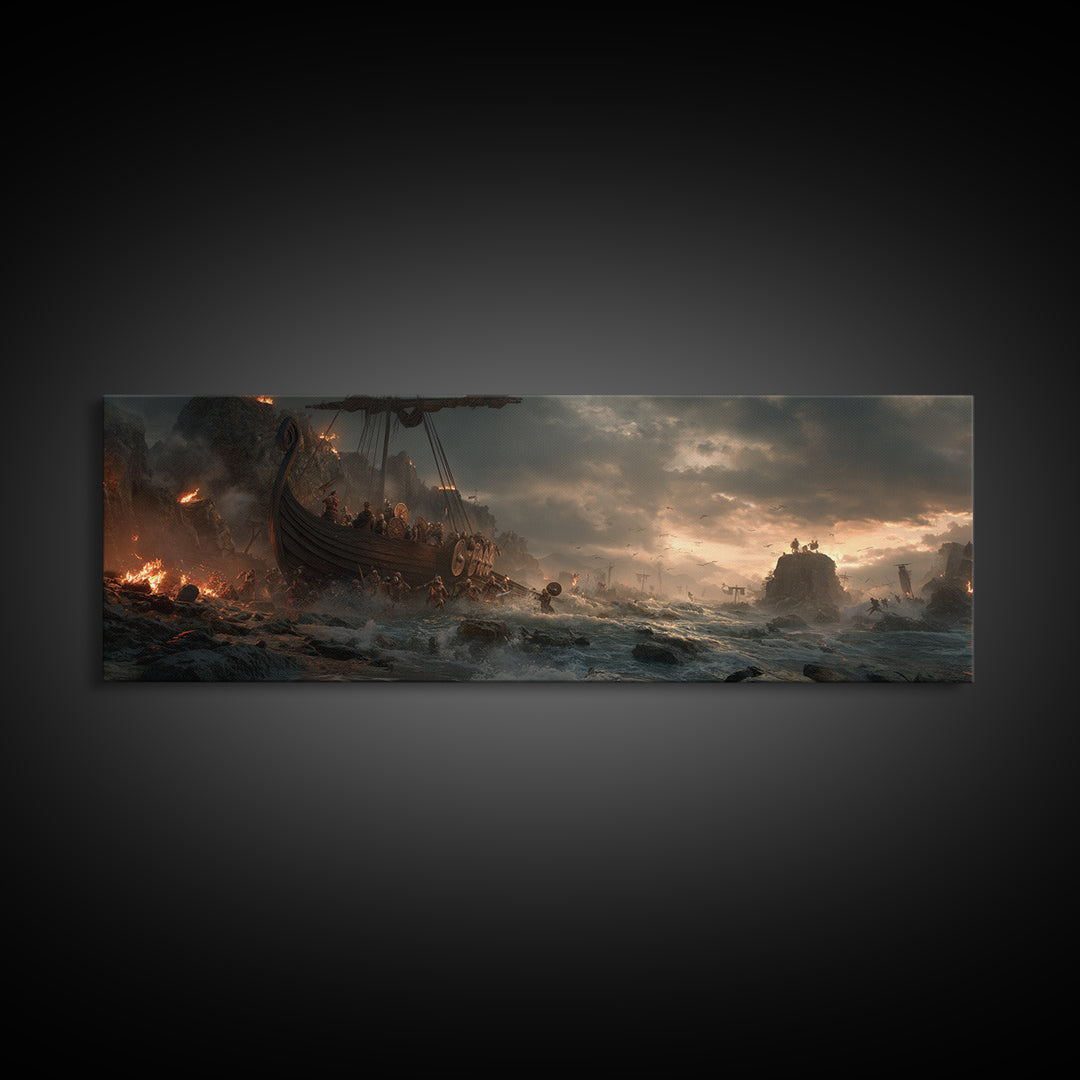 Viking Longship Landing On Stormy Shore Wall Art, Norse Battle Seascape, Dark Fantasy Decor, Dramatic Nautical Canvas Print