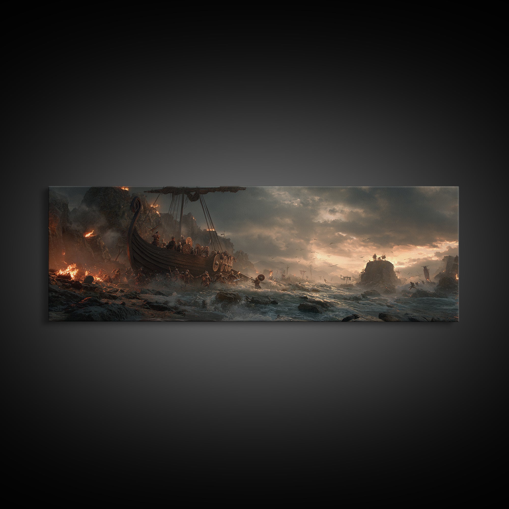 Viking Longship Landing On Stormy Shore Wall Art, Norse Battle Seascape, Dark Fantasy Decor, Dramatic Nautical Canvas Print