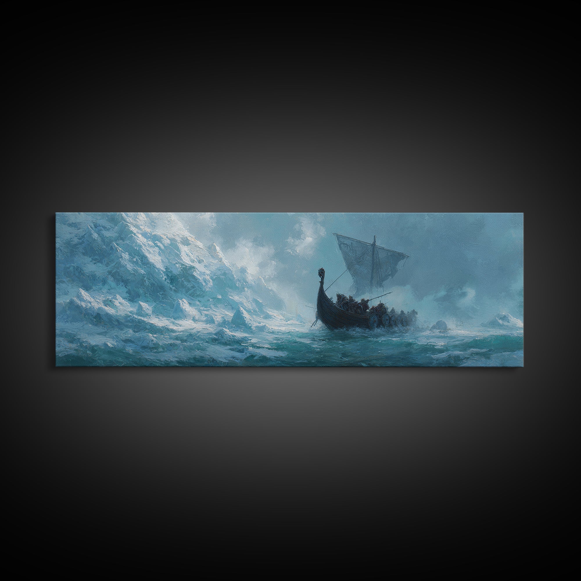 Viking Longship On Stormy Sea Wall Art, Nordic Ocean Seascape Painting, Nautical Living Room Decor, Adventure Gift For Him