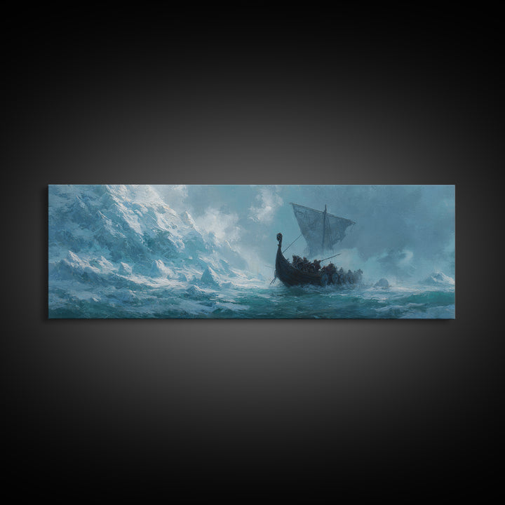 Viking Longship On Stormy Sea Wall Art, Nordic Ocean Seascape Painting, Nautical Living Room Decor, Adventure Gift For Him