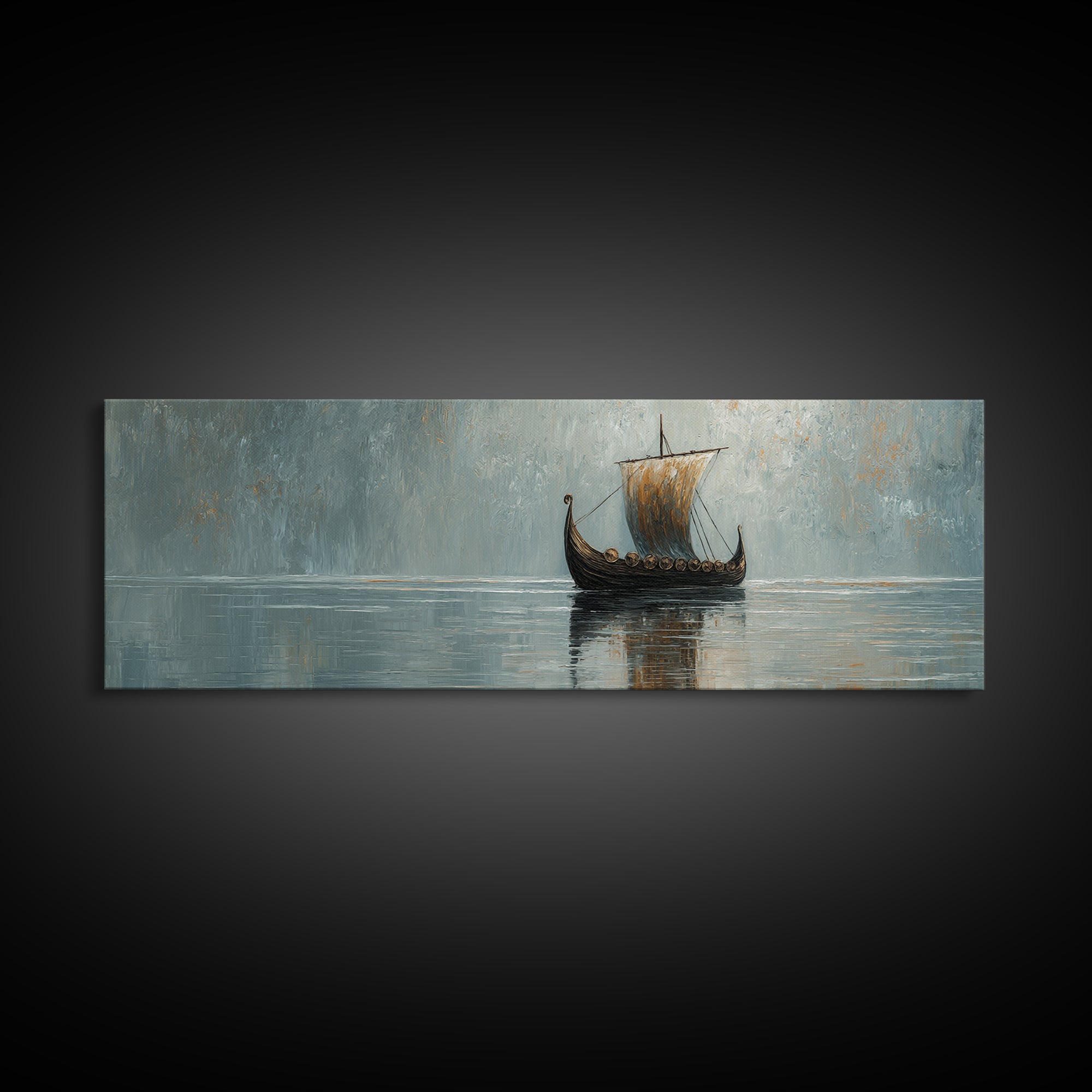 Viking Longship Sailing Through Misty Waters Canvas Print, Nautical Wall Art, Nordic Decor, Lake House Coastal Artwork Gift
