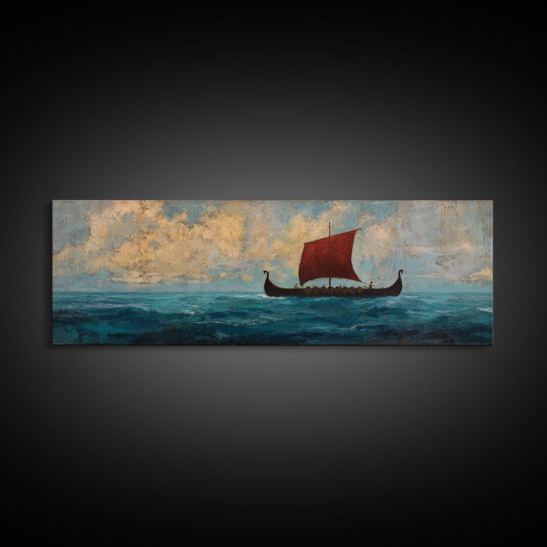 Viking Longship With Red Sail Canvas Print, Nautical Wall Art, Nordic Seascape Decor, Coastal Living Room Art, Ocean Wall Decor