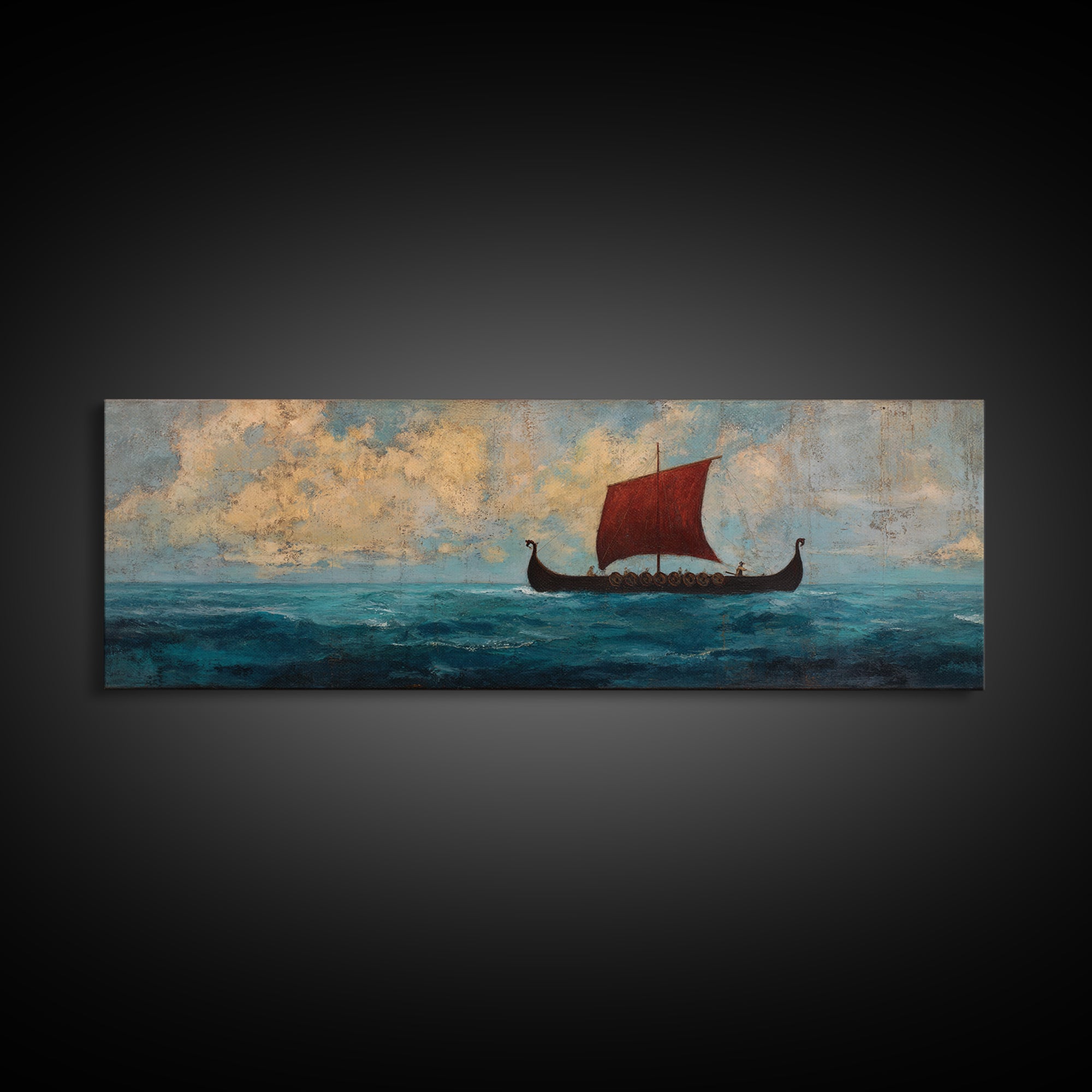 Viking Longship With Red Sail Canvas Print, Nautical Wall Art, Nordic Seascape Decor, Coastal Living Room Art, Ocean Wall Decor