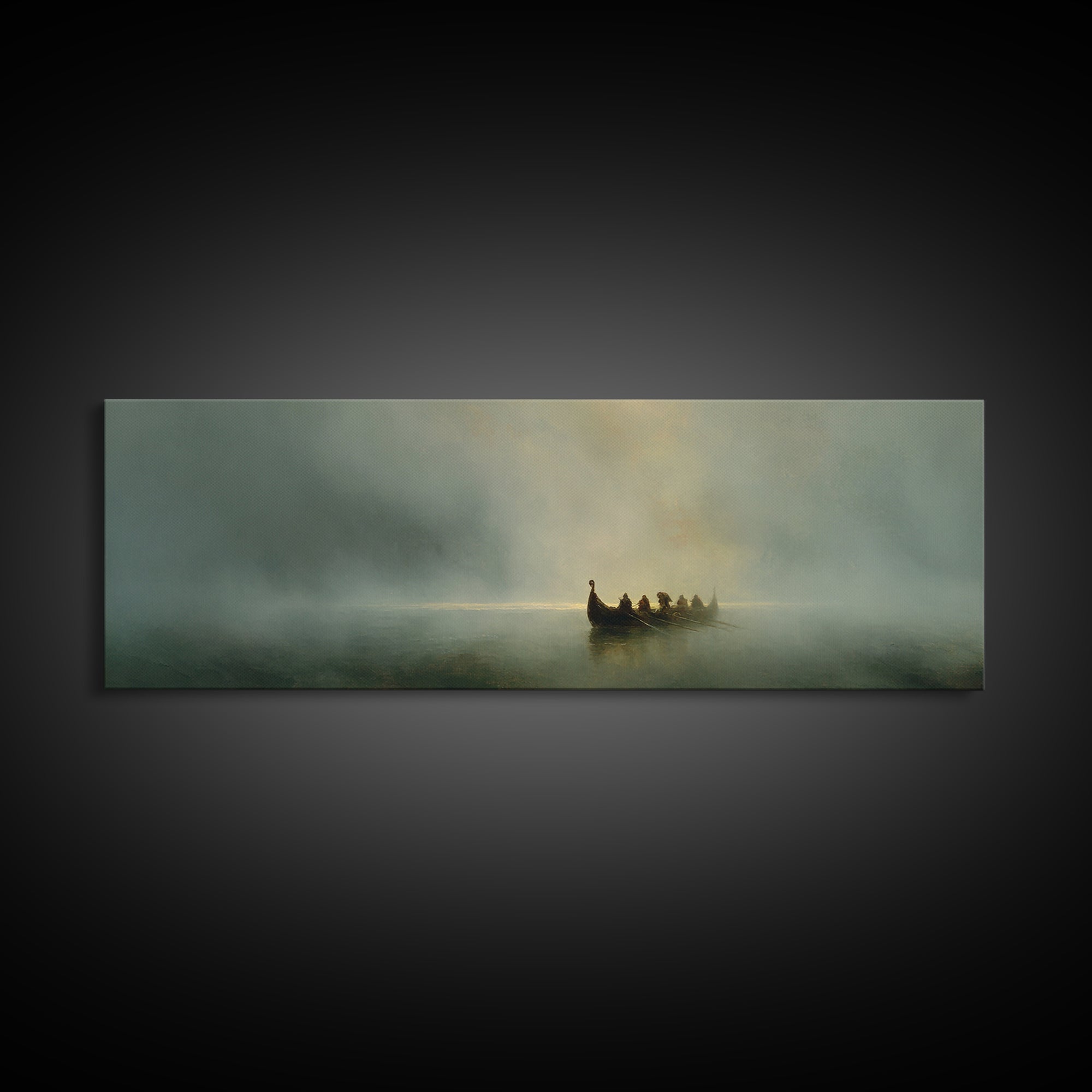 Misty Boat On Silent Lake Framed Canvas Print, Moody Seascape Wall Art, Serene Landscape Decor, Peaceful Home Gift Print