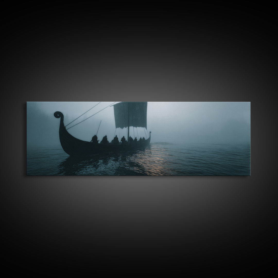 Viking Longship In Misty Waters Wall Art, Nordic Seascape Canvas Print, Nautical Coastal Decor, Moody Living Room Art Print