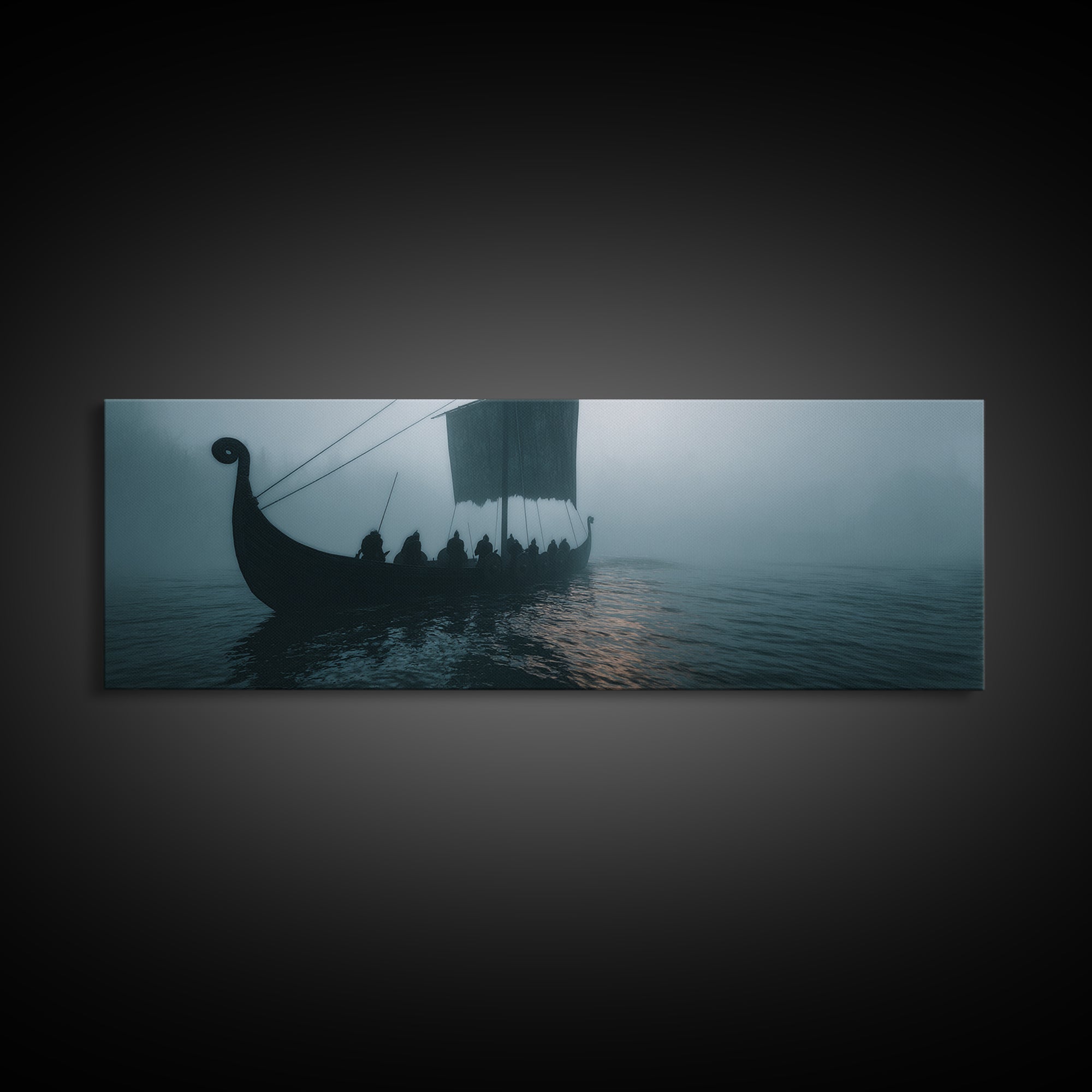 Viking Longship In Misty Waters Wall Art, Nordic Seascape Canvas Print, Nautical Coastal Decor, Moody Living Room Art Print