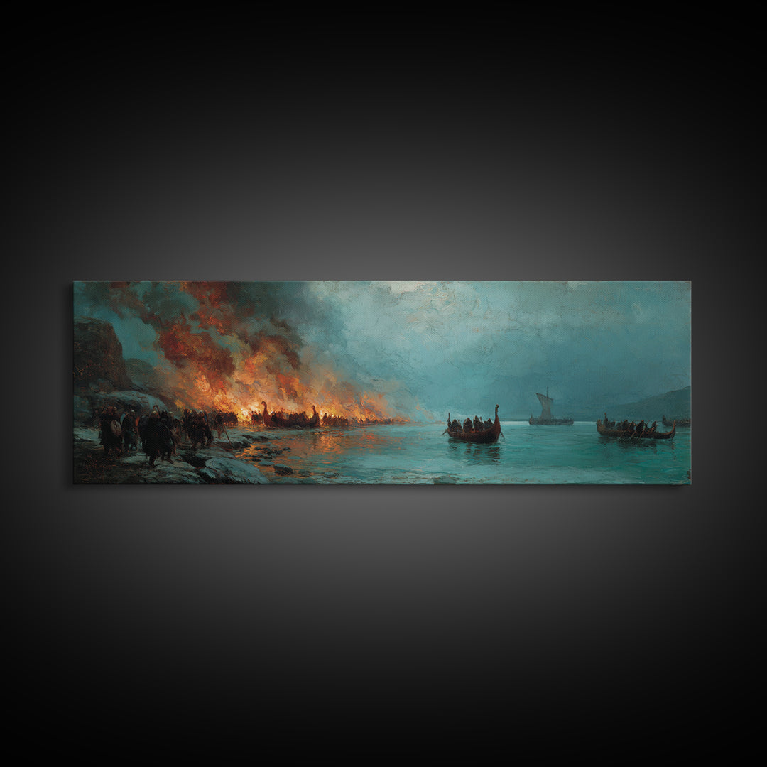 Viking Longboats By Burning Shore Framed Canvas Print, Nordic Seascape, Historical Wall Art, Moody Nautical Decor, Large Horizontal Art