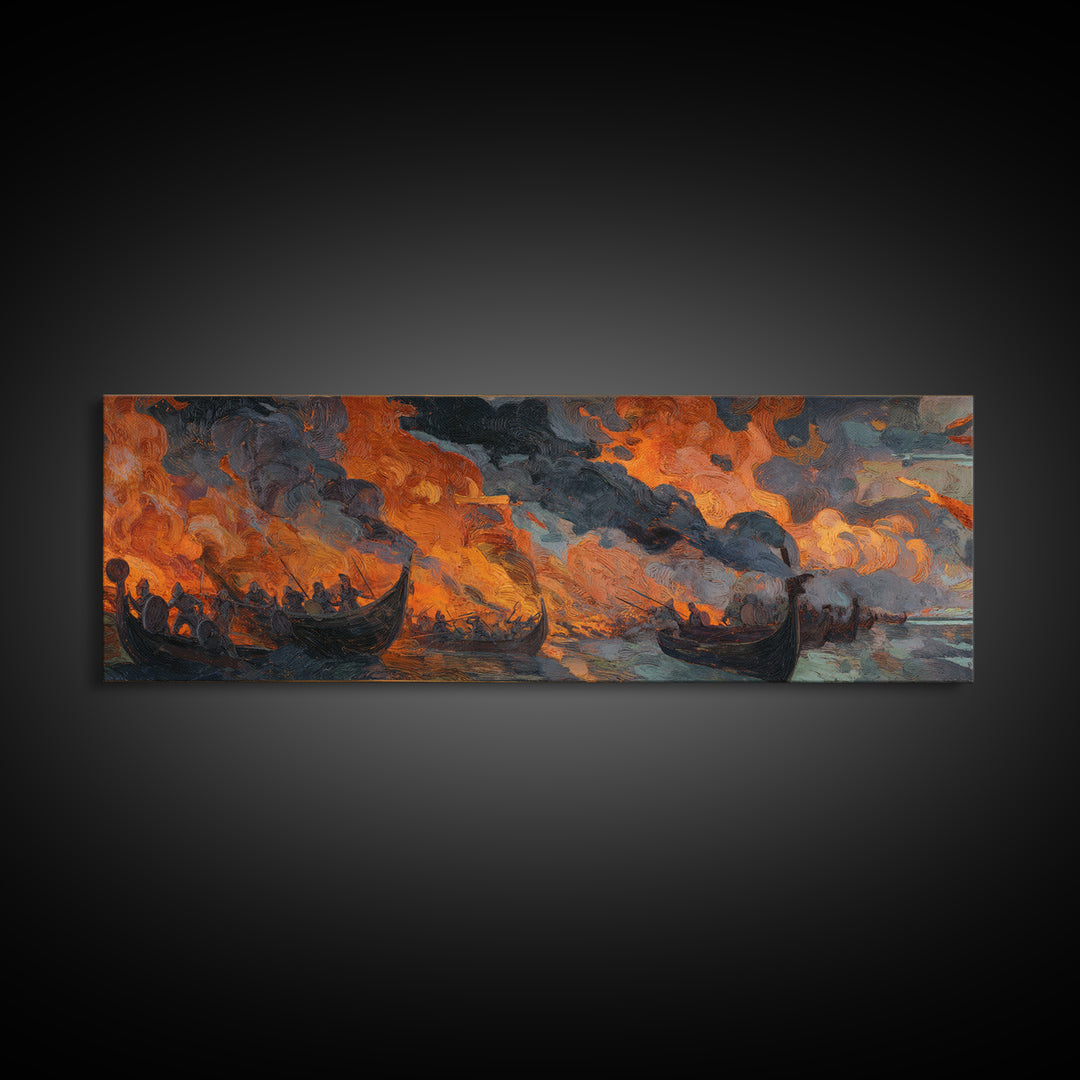 Burning Viking Longships Framed Canvas Print, Fiery Battle Seascape Wall Art, Norse Saga Decor, Dark Coastal Artwork For Men