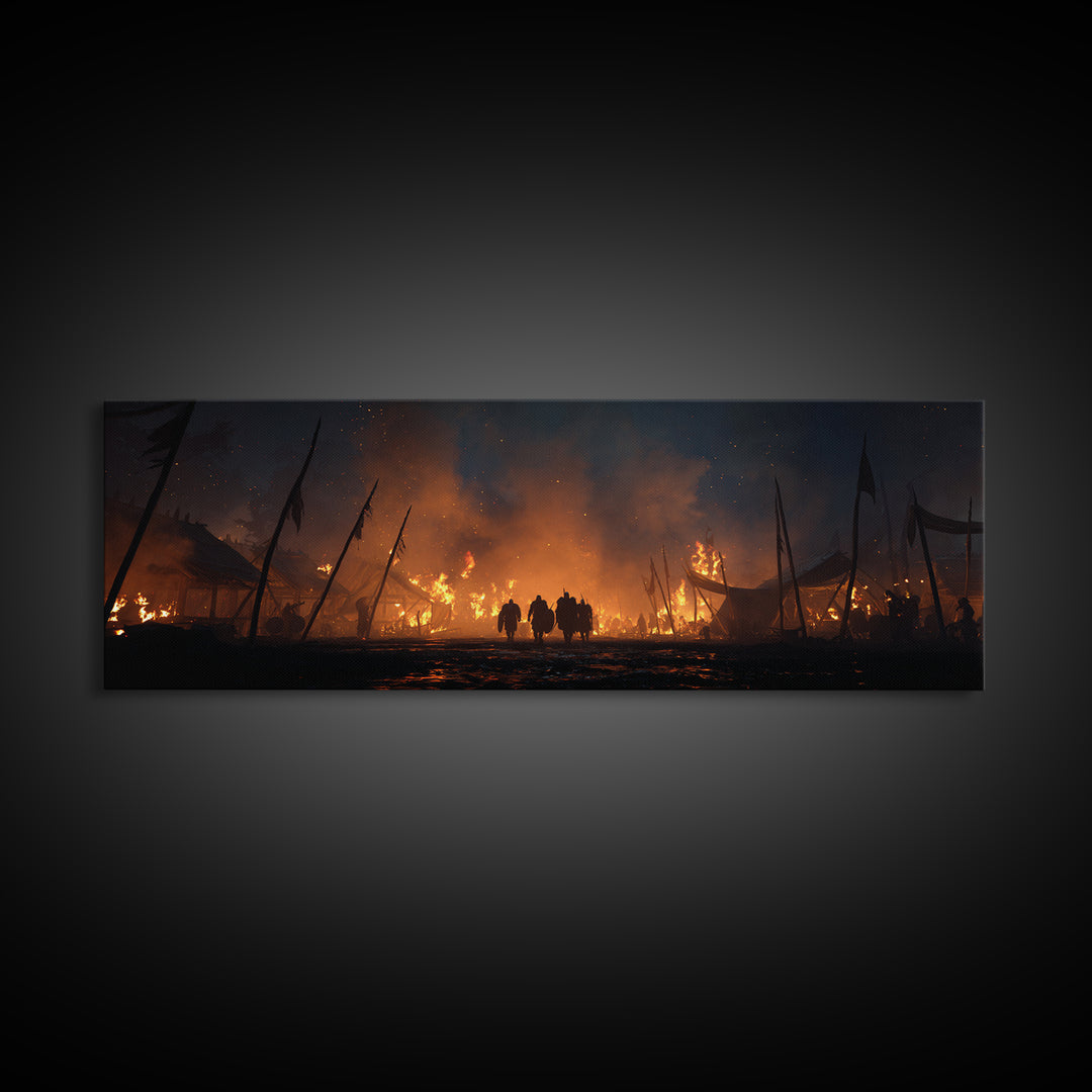 Burning Medieval Camp At Night Wall Art, Dark Fantasy Canvas Print, Fiery Battle Scene, Gothic Game Room Decor, Masculine Wall Decor