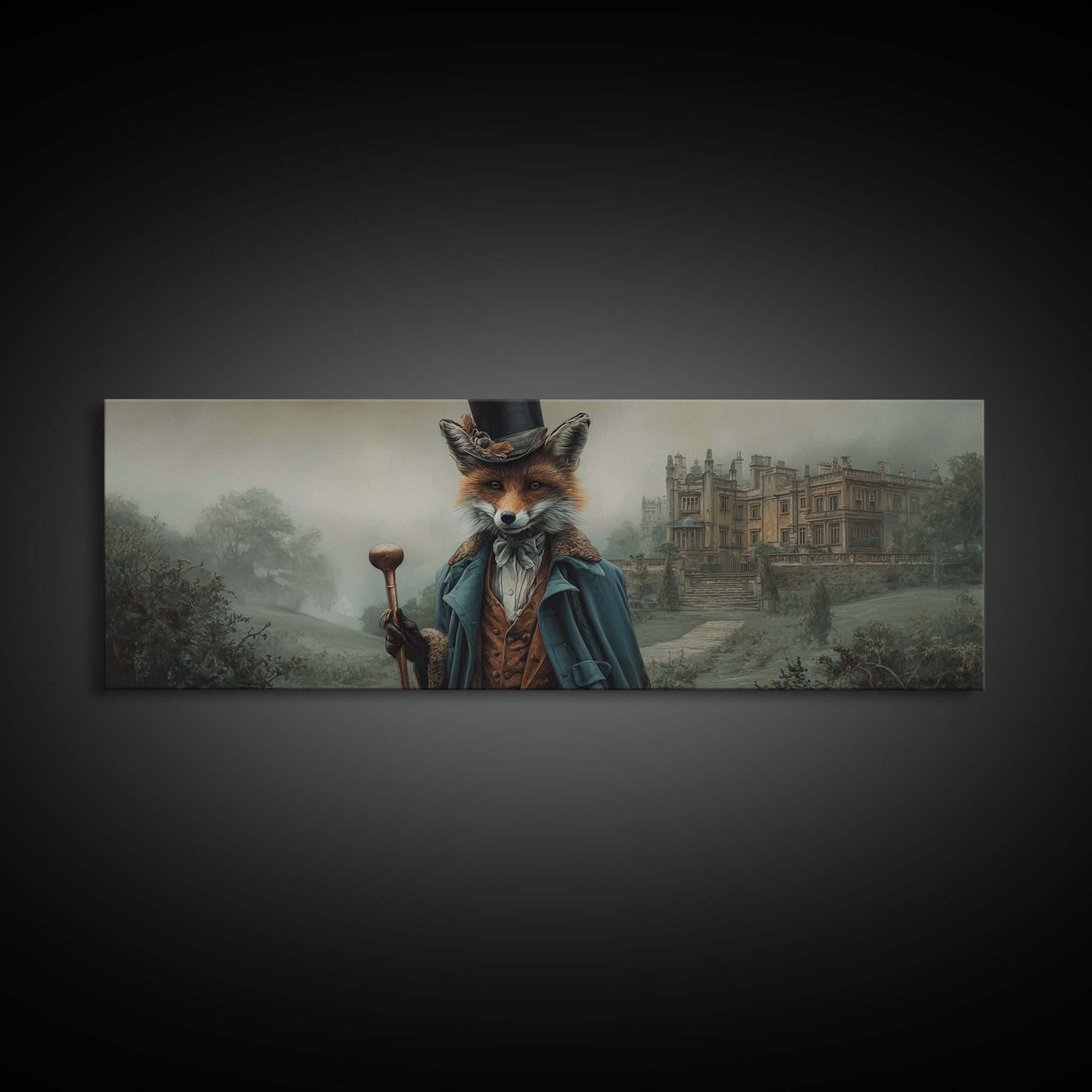 Victorian Fox Gentleman At Misty Manor Framed Canvas Print, Whimsical Animal Portrait, Dark Academia Country House Wall Art