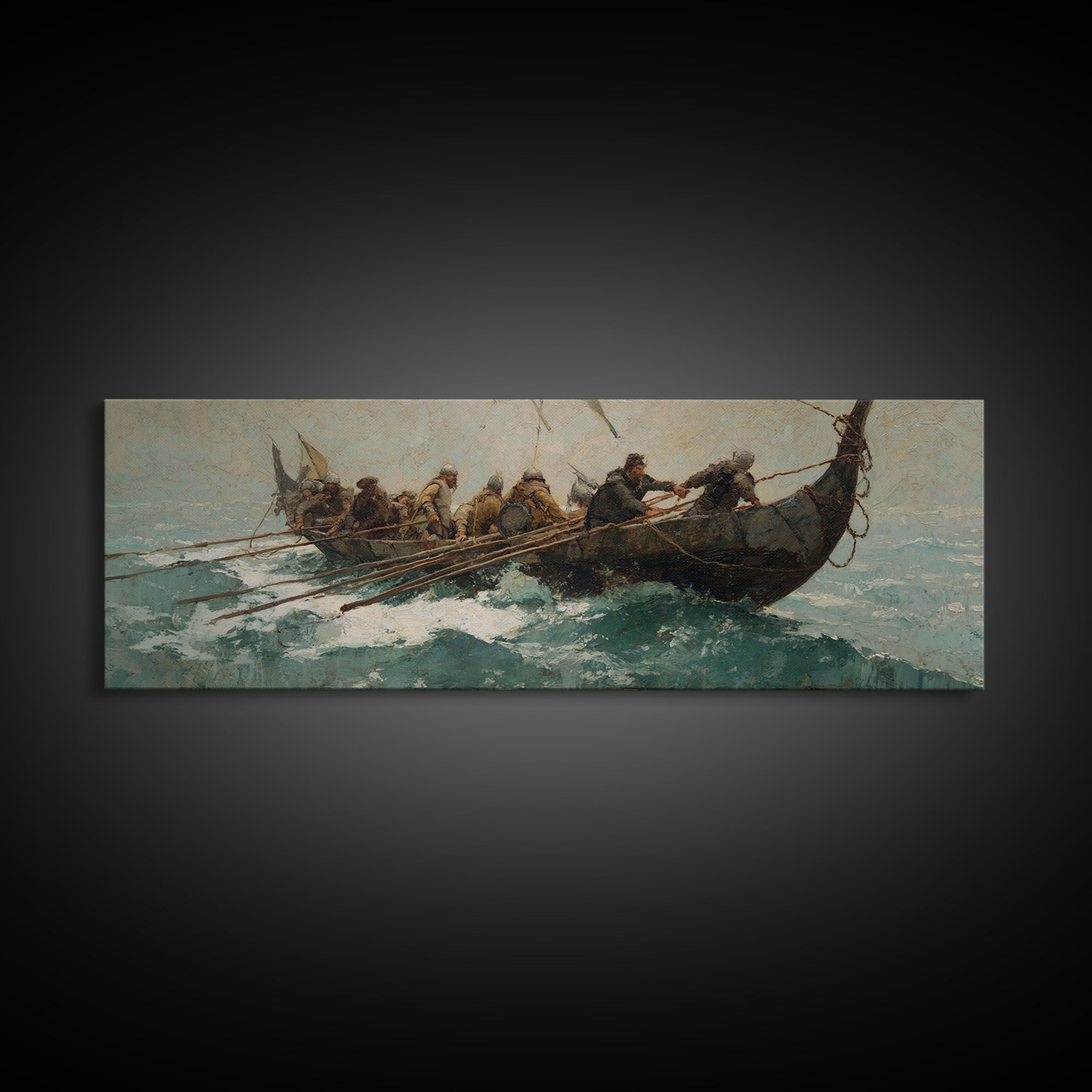 Viking Longboat Battling Turquoise Sea Wall Art, Nautical Canvas Print, Norse Warrior Decor, Coastal Historical Art For Men