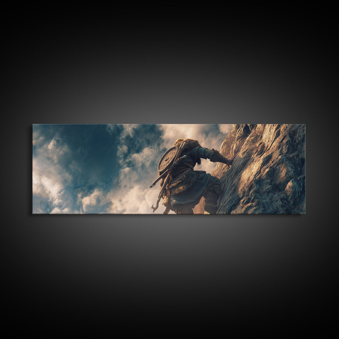 Viking Climber Scaling Sheer Cliff Wall Art, Adventure Fantasy Canvas Print, Nordic Landscape Decor, Gift For Him, Office Poster