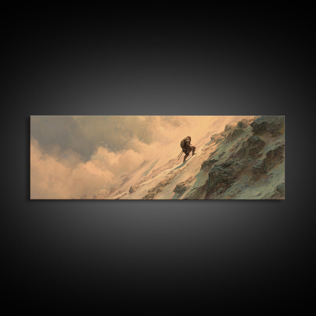 Lone Mountaineer On Snowy Cliff Wall Art, Epic Fantasy Landscape Canvas, Mountain Adventure Decor For Office And Man Cave