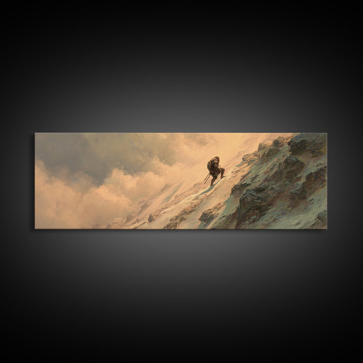 Lone Mountaineer On Snowy Cliff Wall Art, Epic Fantasy Landscape Canvas, Mountain Adventure Decor For Office And Man Cave
