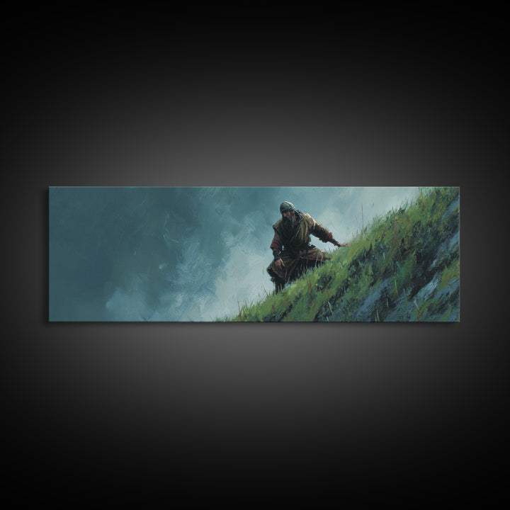Warrior Climbing Windy Green Cliff Framed Canvas Print, Adventure Fantasy Wall Art, Moody Nature Decor For Office And Bedroom