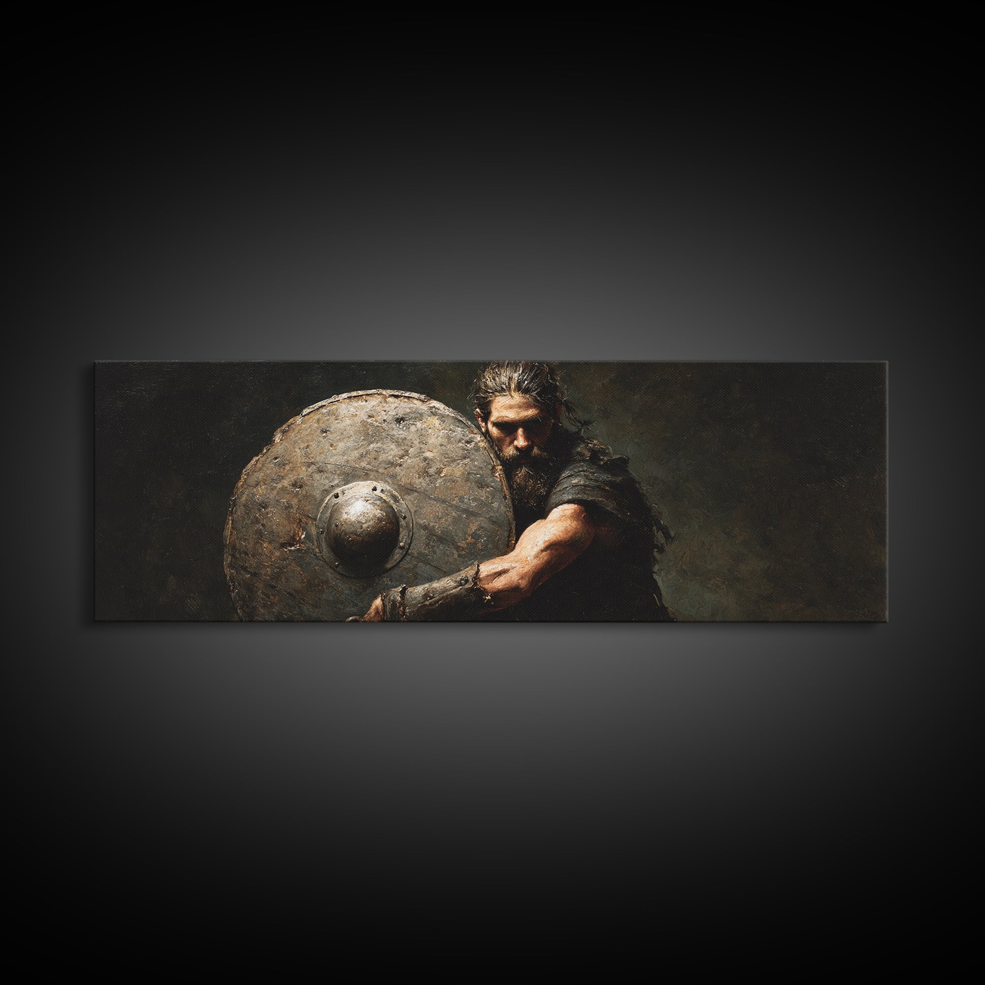 Dark Viking Warrior With Weathered Shield Wall Art, Norse Battle Portrait, Masculine Office Decor, Gothic Man Cave Decor Gift