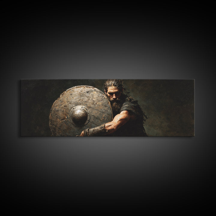 Dark Viking Warrior With Weathered Shield Wall Art, Norse Battle Portrait, Masculine Office Decor, Gothic Man Cave Decor Gift