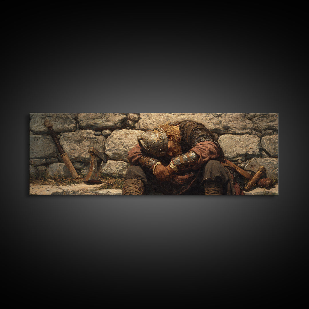 Weary Viking Resting By Stone Wall Framed Canvas Print, Norse Warrior Art, Rustic Medieval Decor, Dark Academia Gift Print
