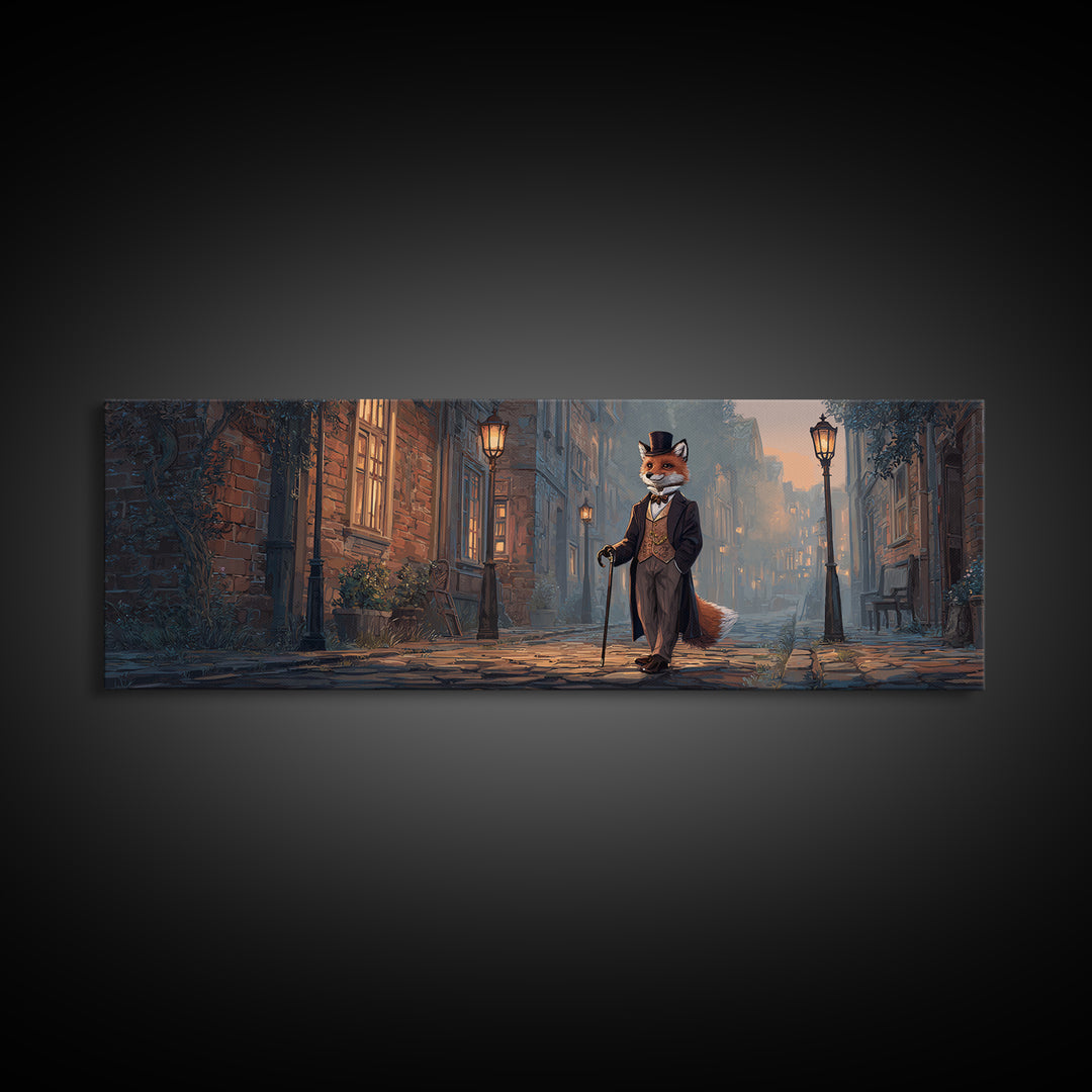 Top Hat Fox On Gaslit Cobblestone Street Wall Art, Whimsical Animal Portrait Canvas, Victorian Kids Room Nursery Decor Print