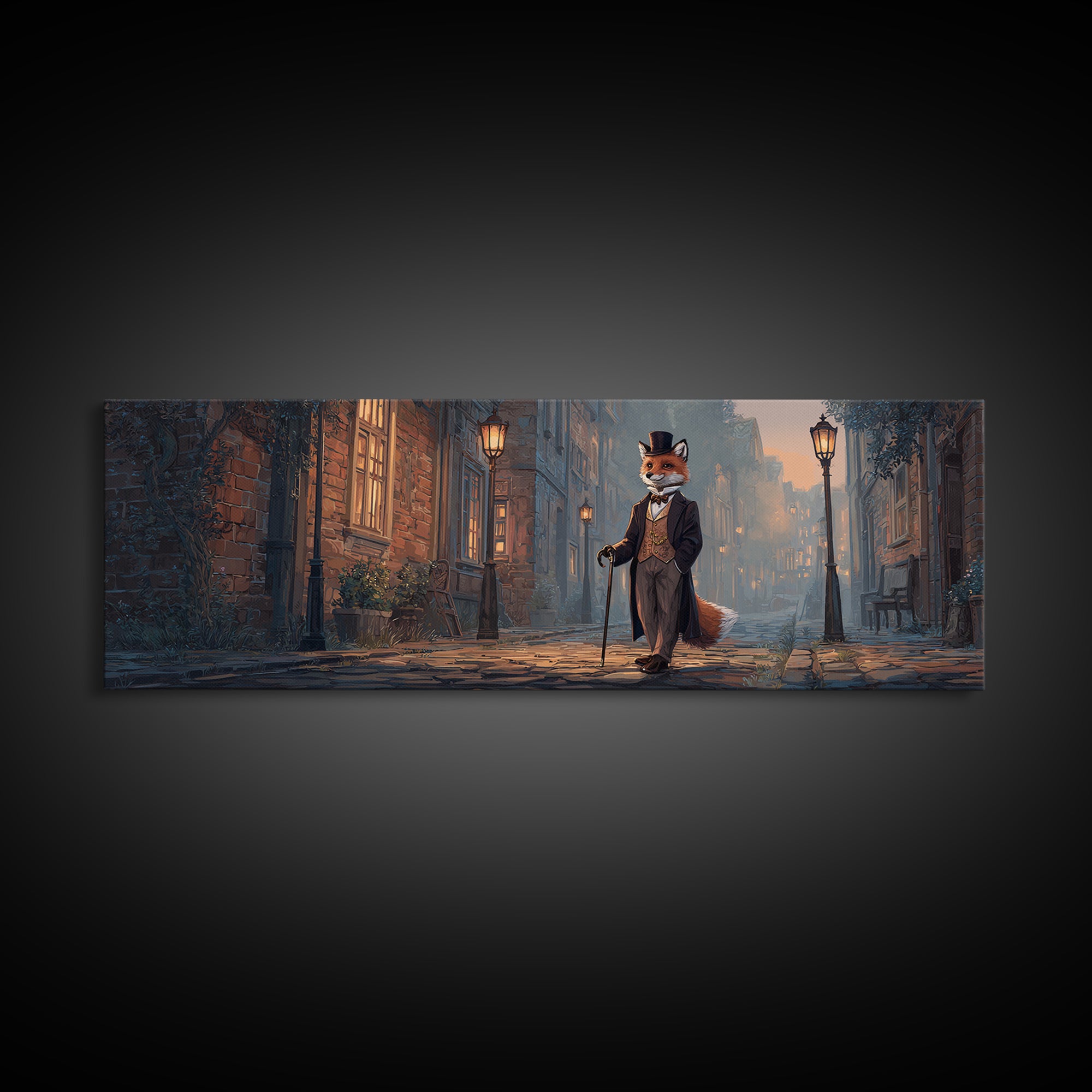 Top Hat Fox On Gaslit Cobblestone Street Wall Art, Whimsical Animal Portrait Canvas, Victorian Kids Room Nursery Decor Print