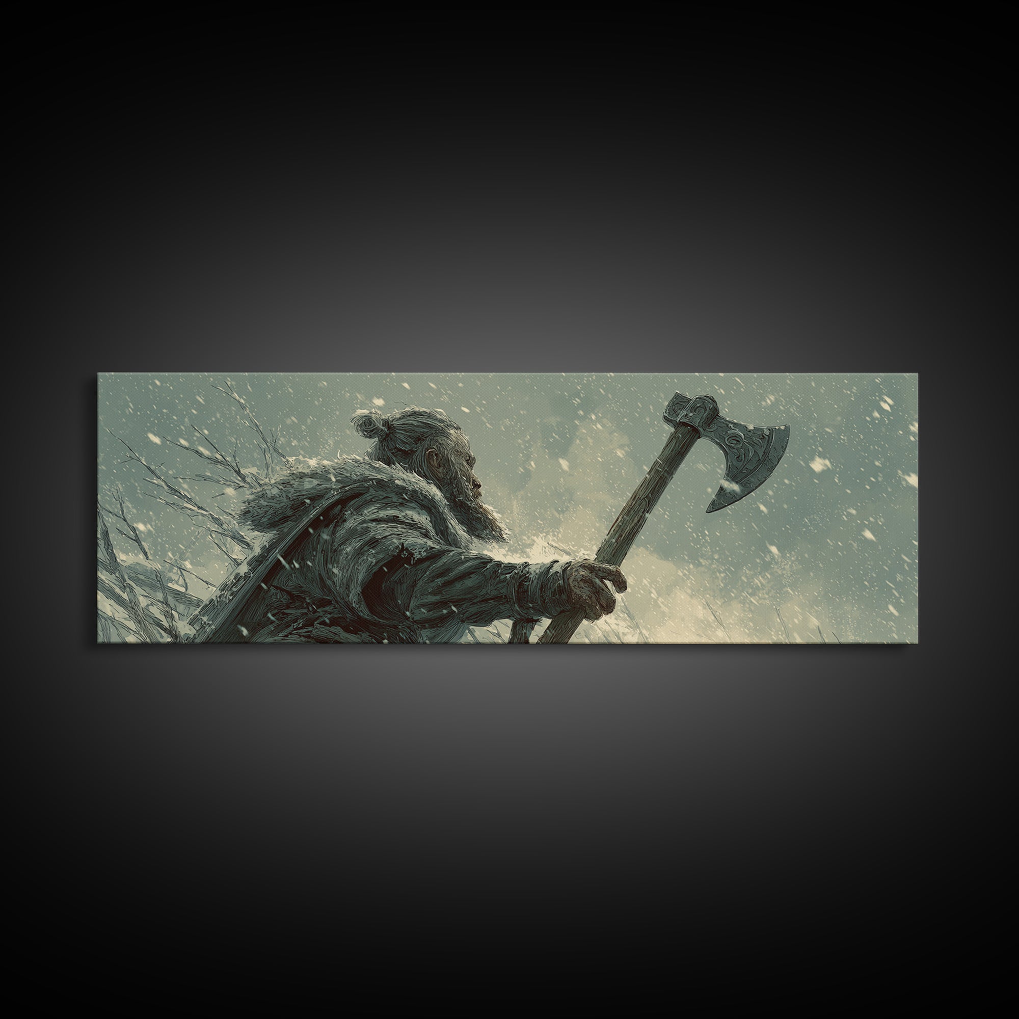 Snowy Viking Warrior With Battle Axe Wall Art, Dark Fantasy Winter Canvas Print, Nordic Masculine Office And Cabin Decor