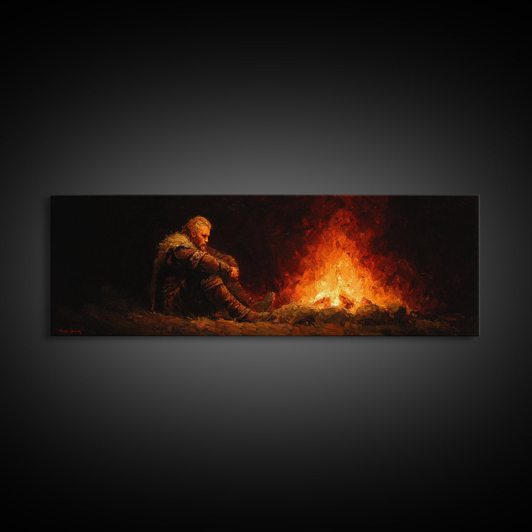 Lonely Traveler Campfire Canvas Print, Dark Fantasy Wall Art, Moody Wilderness Decor, Survival Poster, Rustic Cabin Gift