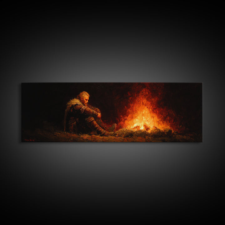 Lonely Traveler Campfire Canvas Print, Dark Fantasy Wall Art, Moody Wilderness Decor, Survival Poster, Rustic Cabin Gift