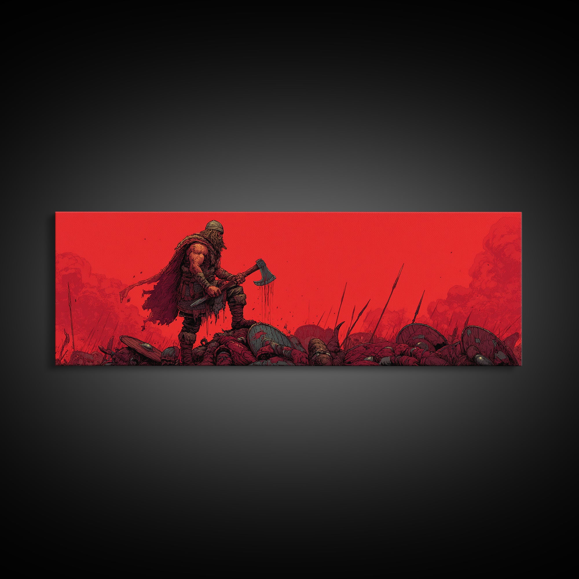 Red Berserker Axe Warrior On Fallen Battlefield Canvas Print, Dark Fantasy Viking Art, Gothic Man Cave Decor Gift For Him