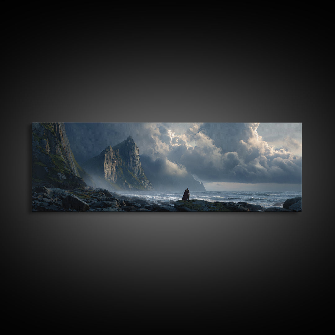 Cloaked Figure On Stormy Cliff Wall Art, Epic Coastal Fantasy Canvas Print, Moody Seascape, Dramatic Landscape Decor, Living Room Art