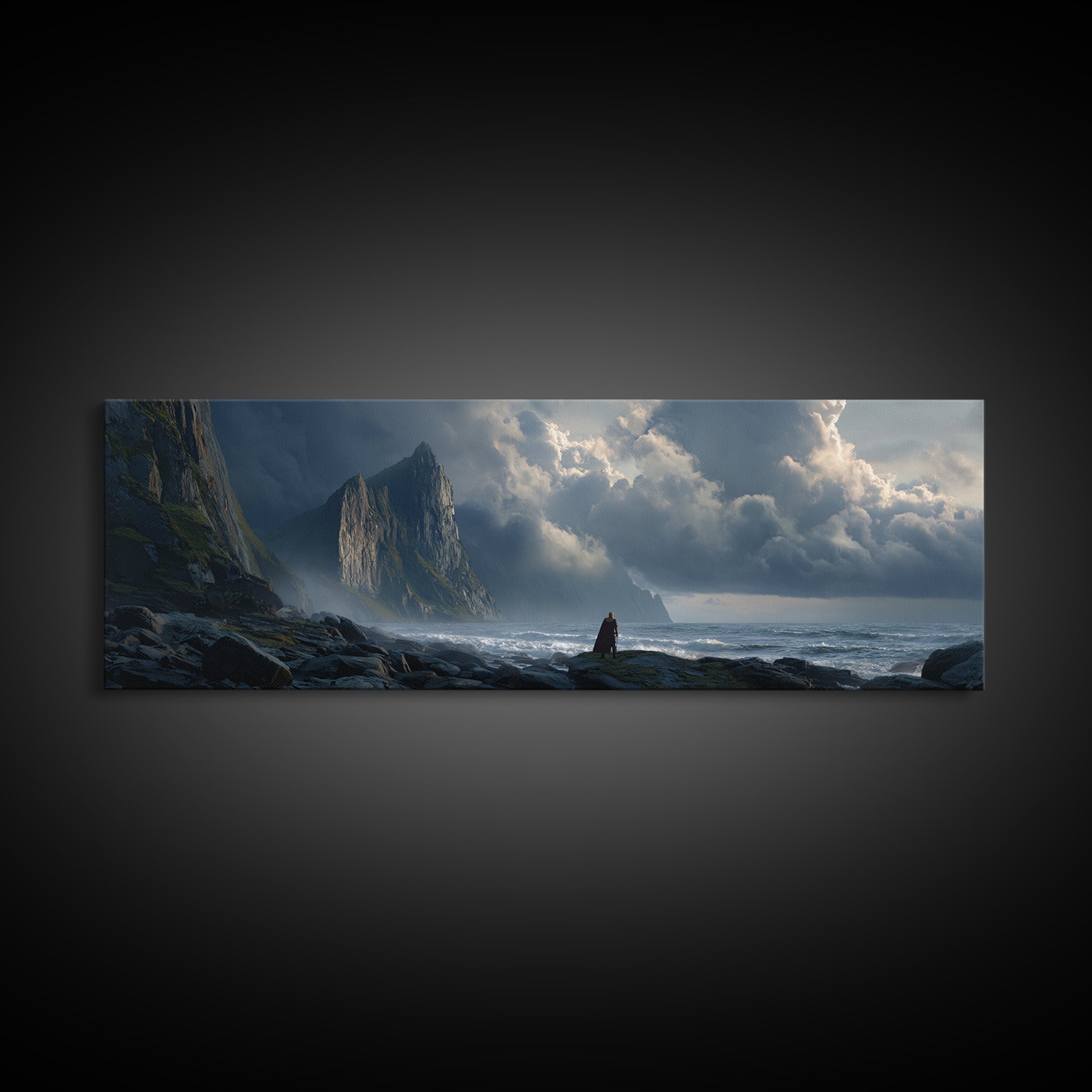 Cloaked Figure On Stormy Cliff Wall Art, Epic Coastal Fantasy Canvas Print, Moody Seascape, Dramatic Landscape Decor, Living Room Art