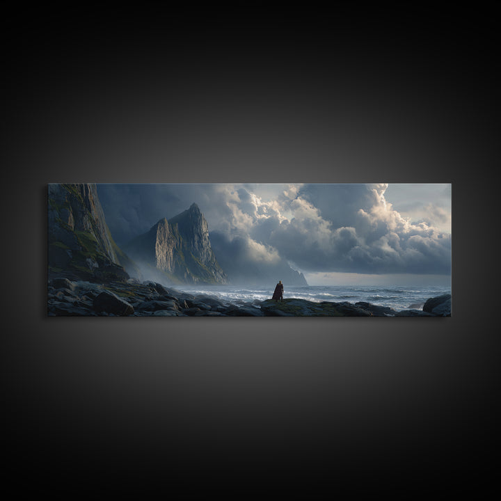 Cloaked Figure On Stormy Cliff Wall Art, Epic Coastal Fantasy Canvas Print, Moody Seascape, Dramatic Landscape Decor, Living Room Art