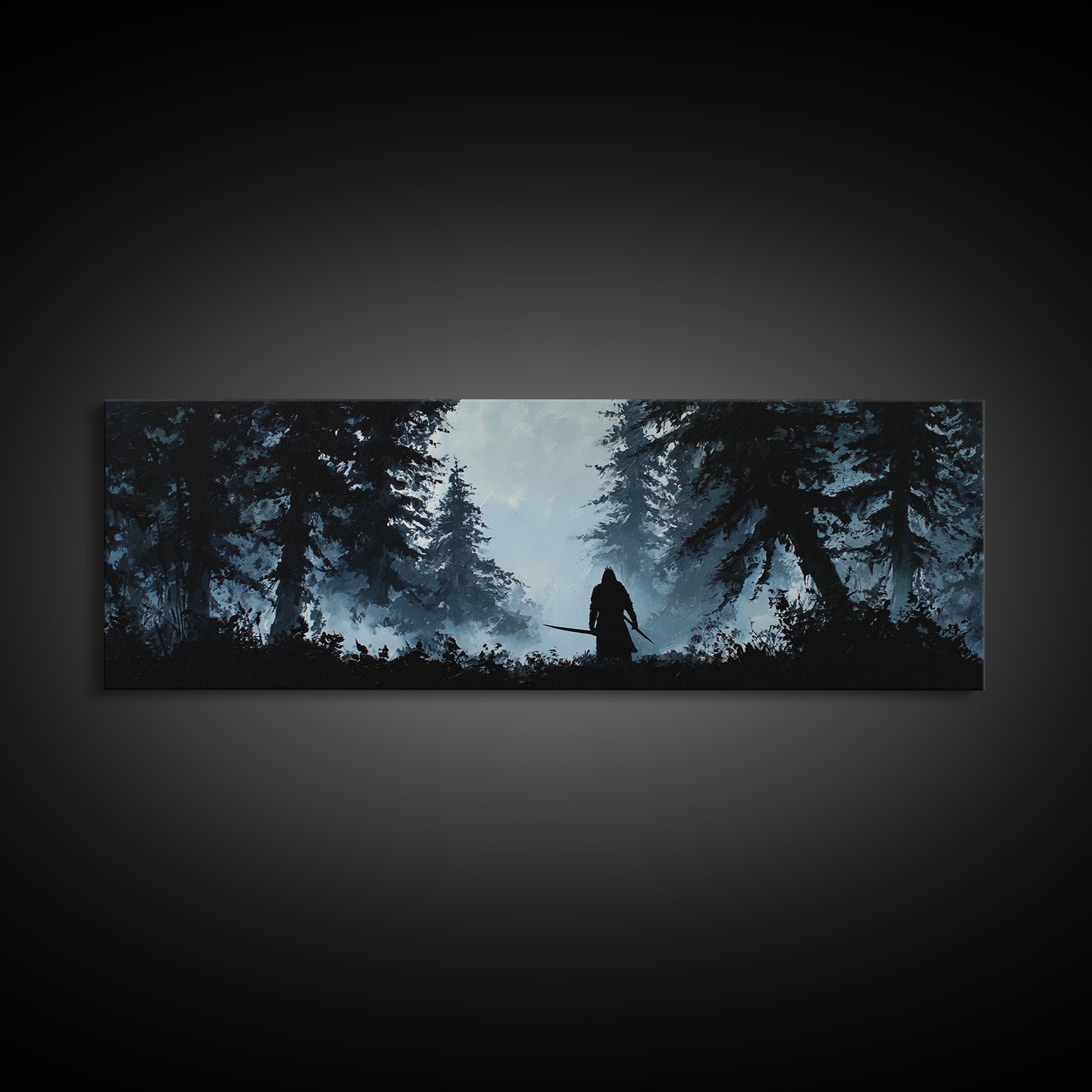 Shadowed Warrior In Misty Pine Forest Wall Art, Dark Fantasy Canvas Print, Moody Woodland Decor, Rustic Cabin Wall Decor