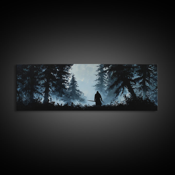 Shadowed Warrior In Misty Pine Forest Wall Art, Dark Fantasy Canvas Print, Moody Woodland Decor, Rustic Cabin Wall Decor