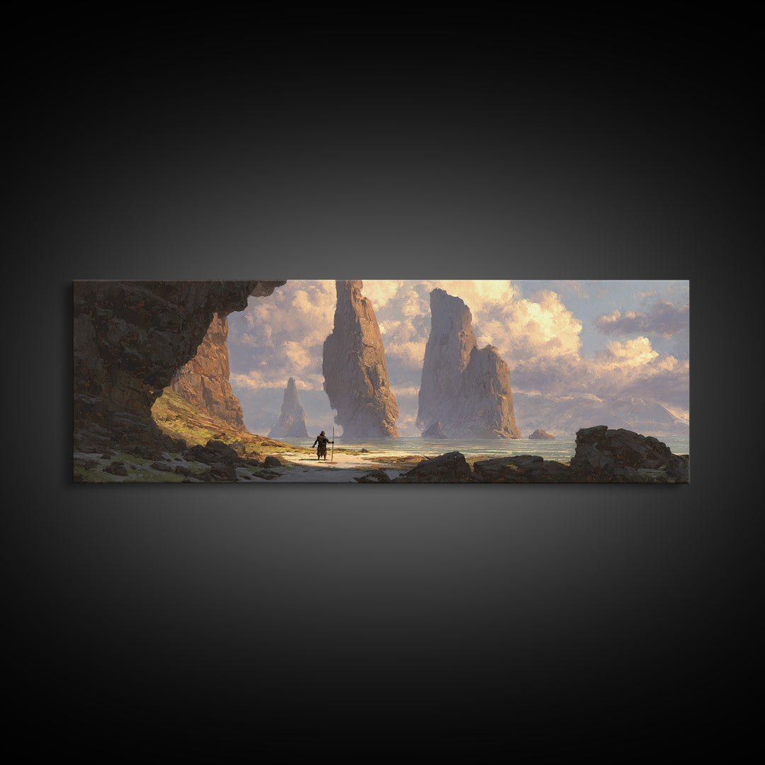 Epic Sea Cliffs With Lone Traveler Canvas Print, Fantasy Landscape Wall Art, Panoramic Coastal Decor, Adventure Art, Home Decor