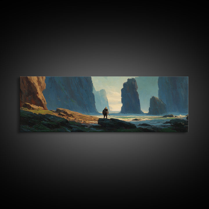 Lone Explorer In Misty Coastal Cliffs Canvas Print, Dramatic Seascape Wall Art For Living Room And Office Decor, Above Sofa Decor