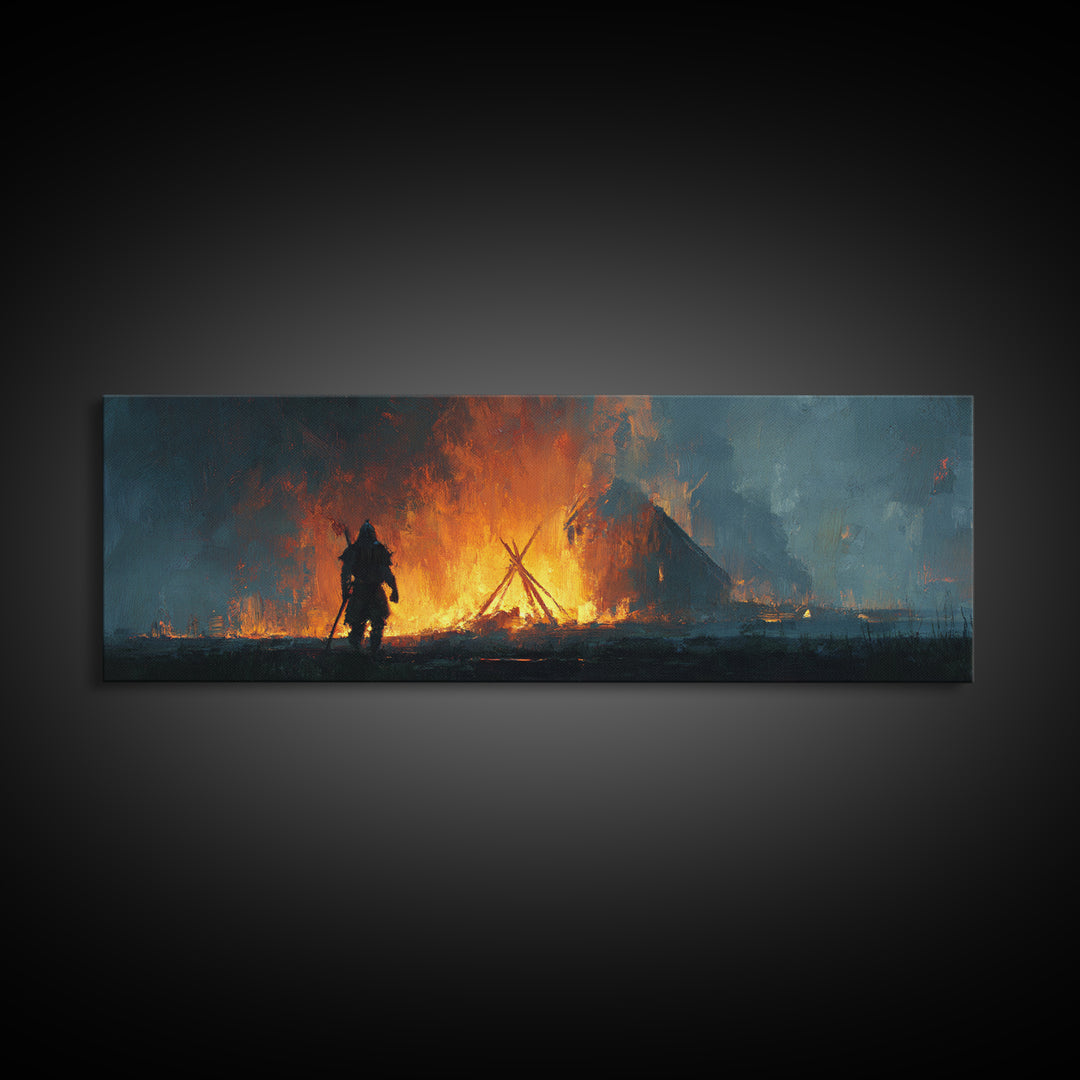 Warrior Before Blazing Village Fire Canvas Print, Dark Fantasy Wall Art, Medieval Battle Decor, Moody Rustic Home Decor Print