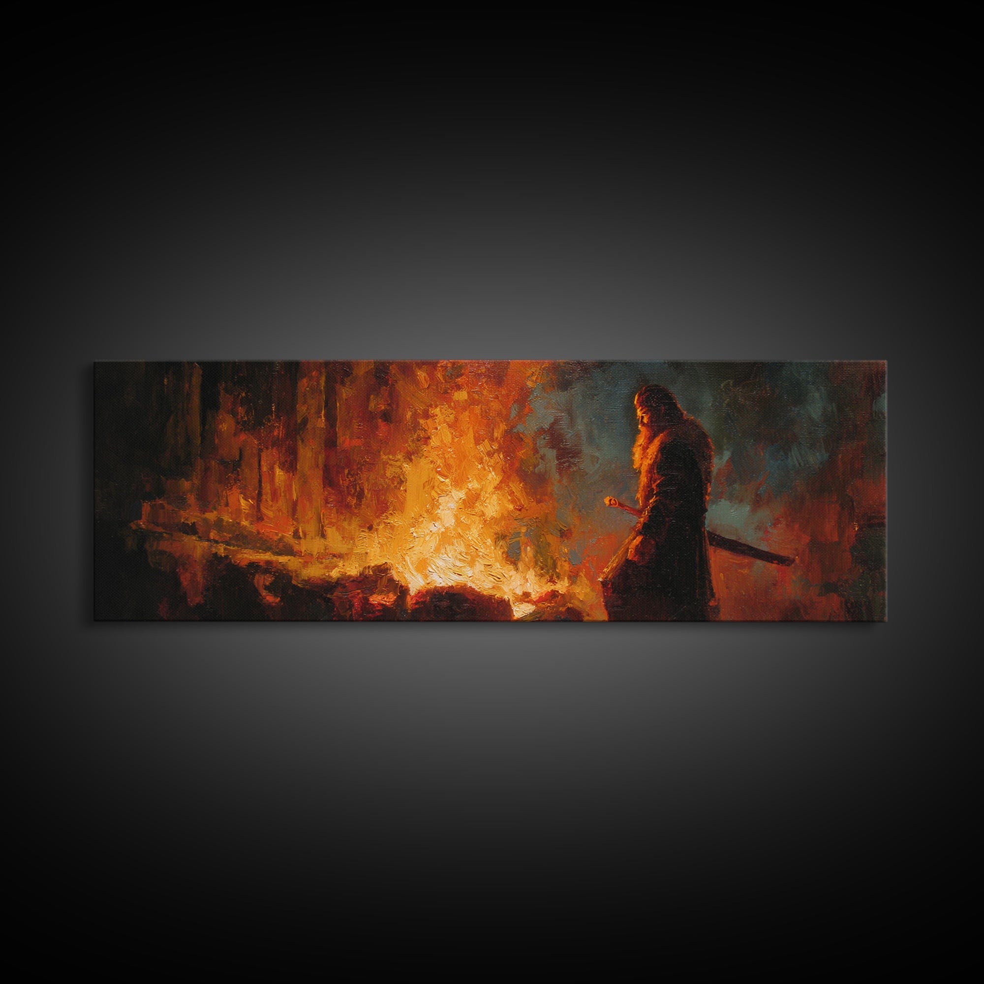 Warrior Watching Burning City Canvas Print, Dark Fantasy Fire Painting Wall Art, Moody Gothic Decor For Office Or Man Cave