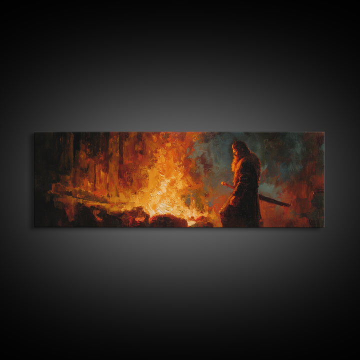 Warrior Watching Burning City Canvas Print, Dark Fantasy Fire Painting Wall Art, Moody Gothic Decor For Office Or Man Cave