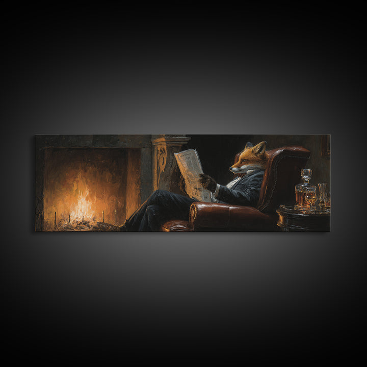 Fox Reading By Fireplace Canvas Print, Cozy Library Wall Art, Dark Academia Study Decor, Whimsical Animal Living Room Art Print