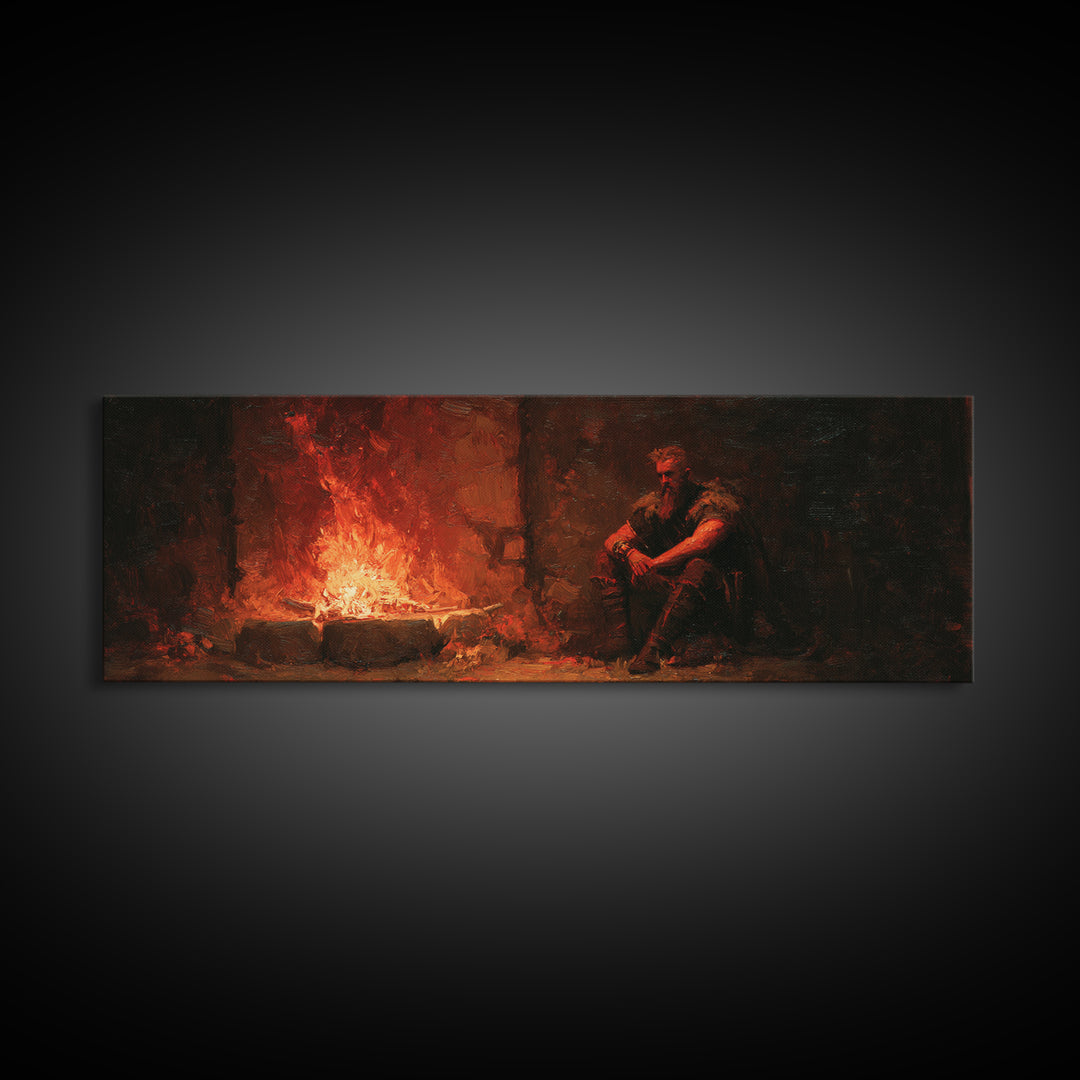 Brooding Medieval Warrior Beside Fiery Hearth Canvas Print, Moody Dark Fantasy Wall Art, Rustic Man Cave Decor Gift For Him