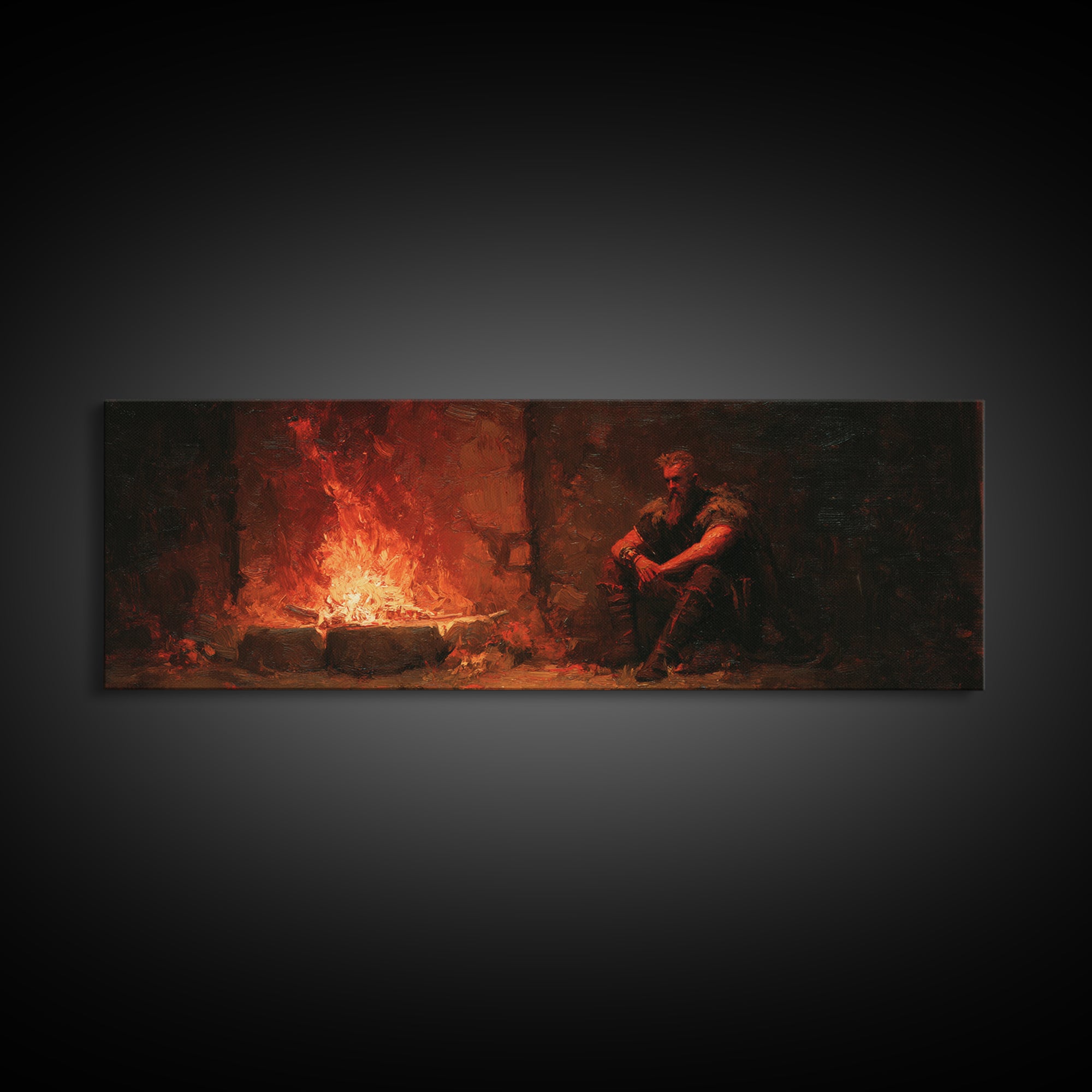 Brooding Medieval Warrior Beside Fiery Hearth Canvas Print, Moody Dark Fantasy Wall Art, Rustic Man Cave Decor Gift For Him