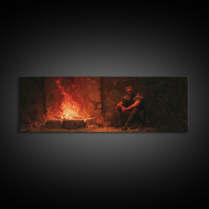 Brooding Medieval Warrior Beside Fiery Hearth Canvas Print, Moody Dark Fantasy Wall Art, Rustic Man Cave Decor Gift For Him