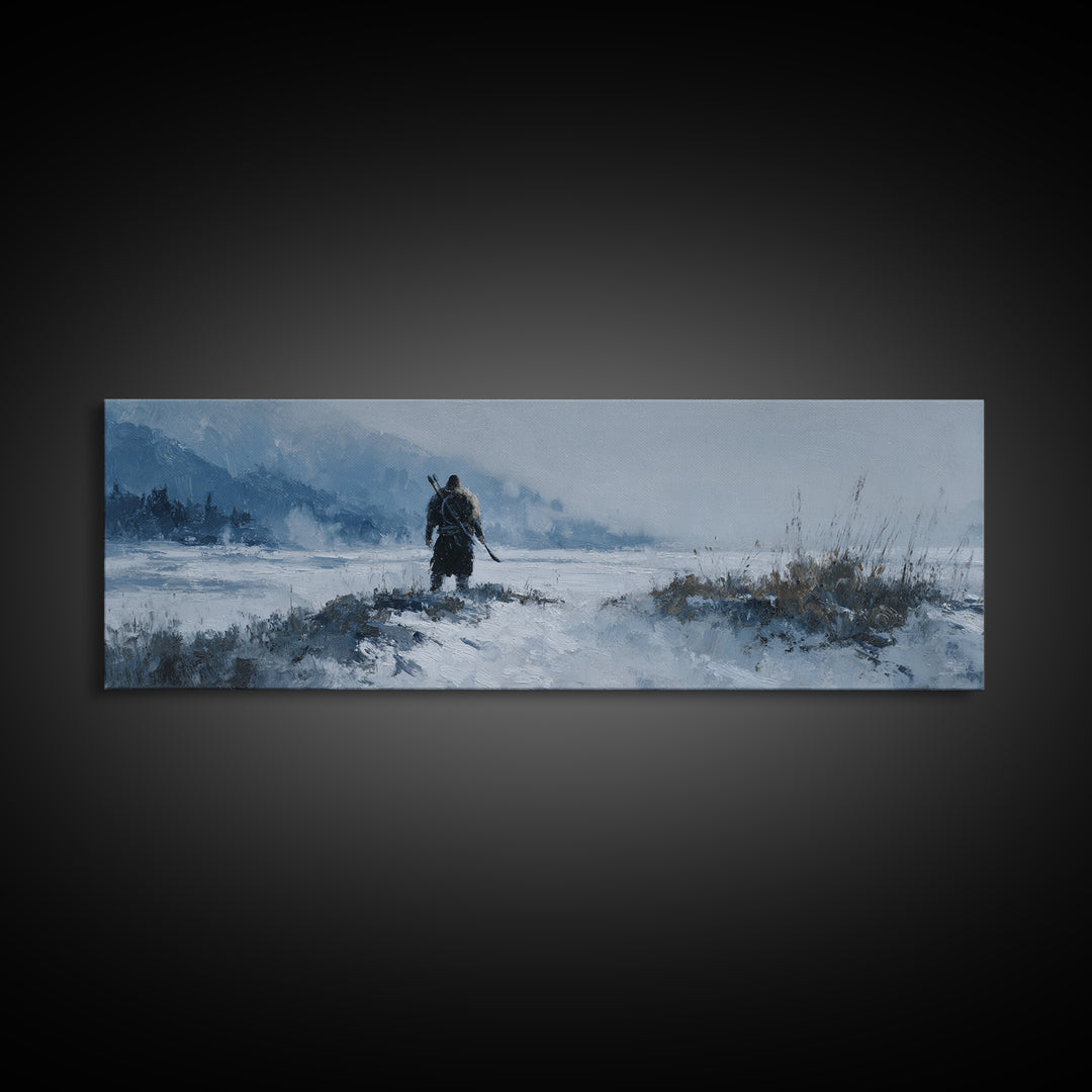Lone Warrior Crossing Snowy Mountain Valley Wall Art, Winter Landscape Canvas Print, Rustic Cabin Decor, Adventure Gift Idea