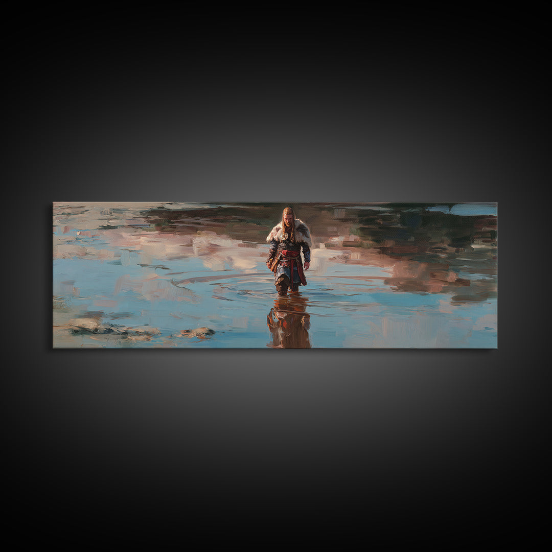 Viking Warrior Walking Through Water Canvas Print, Nordic Fantasy Landscape Wall Art, Rustic Masculine Decor For Home Office