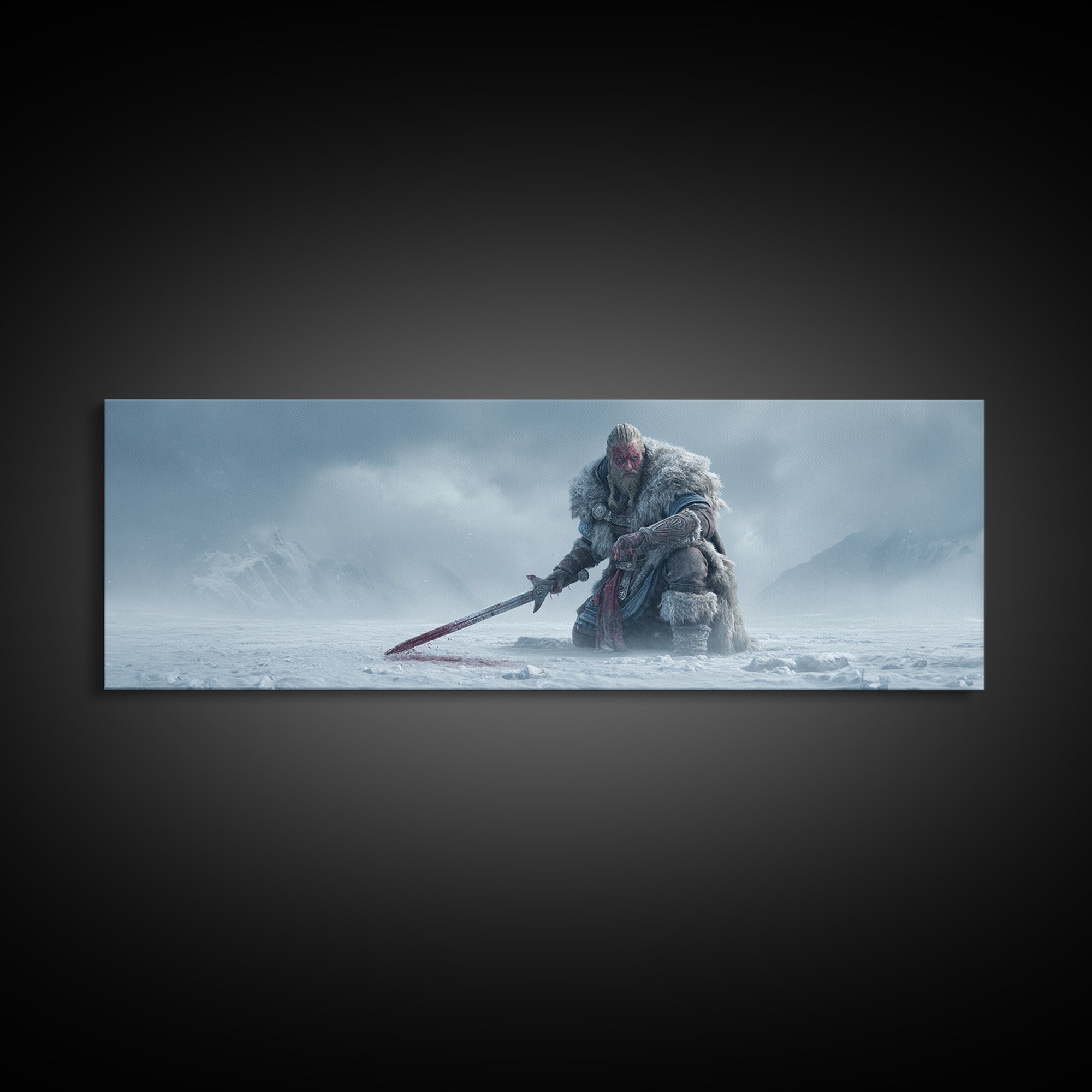 Frost Giant Warrior Kneeling In Snow Framed Canvas Print, Dark Fantasy Wall Art, Winter Mountain Decor, Epic Sword Artwork