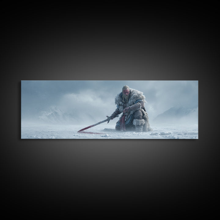 Frost Giant Warrior Kneeling In Snow Framed Canvas Print, Dark Fantasy Wall Art, Winter Mountain Decor, Epic Sword Artwork