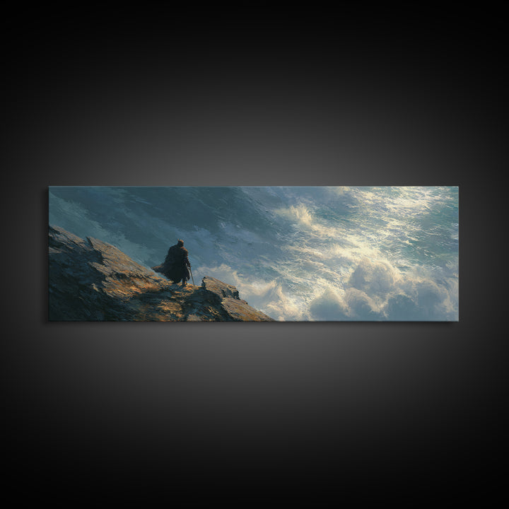 Cloaked Figure Above Crashing Ocean Wall Art, Moody Seascape Framed Canvas Print, Coastal Landscape Living Room Decor Gift
