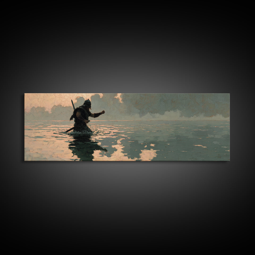 Lone Warrior Wading Through Water Wall Art, Moody Seascape Painting, Dark Fantasy Decor, Cinematic Living Room Print, Gift For Him