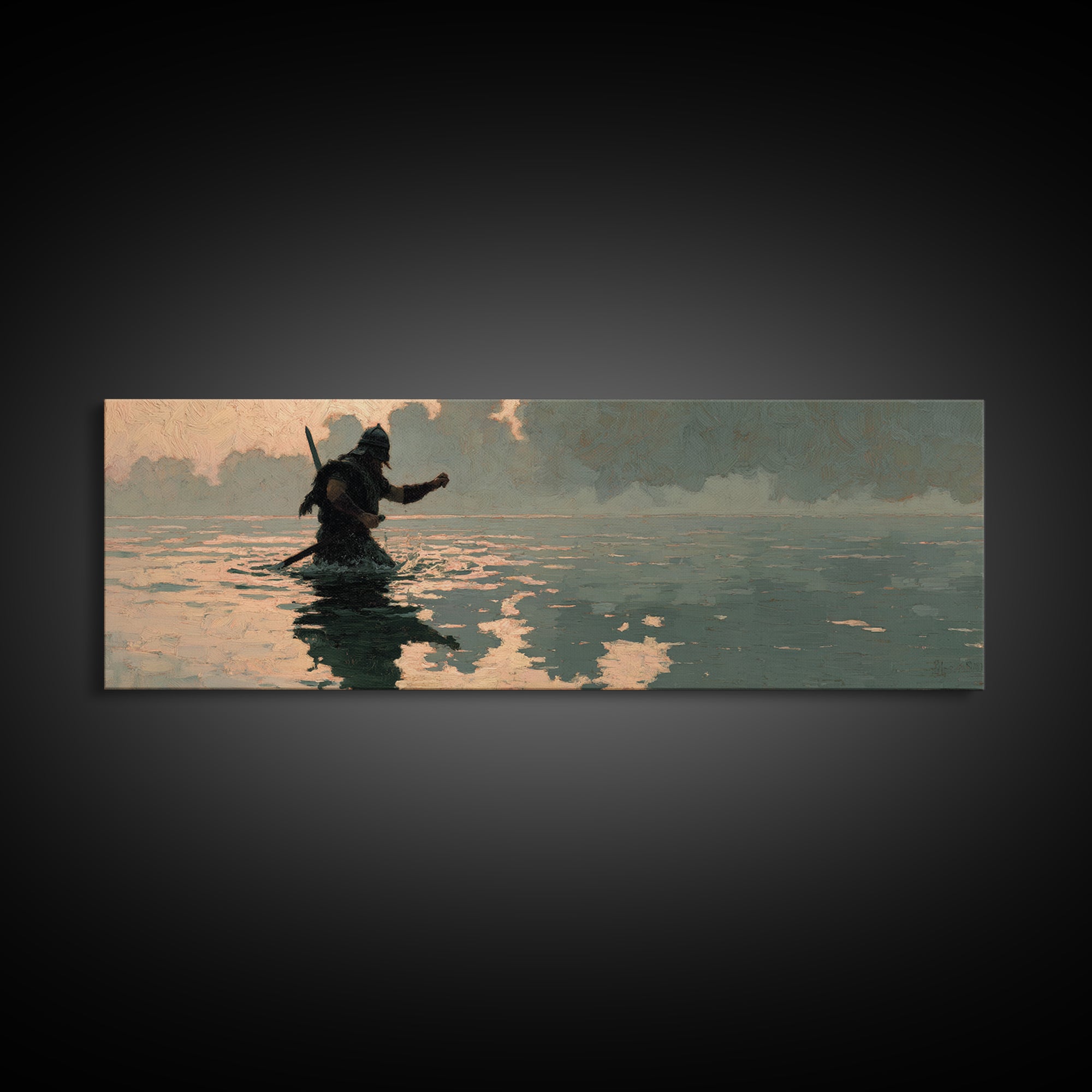 Lone Warrior Wading Through Water Wall Art, Moody Seascape Painting, Dark Fantasy Decor, Cinematic Living Room Print, Gift For Him