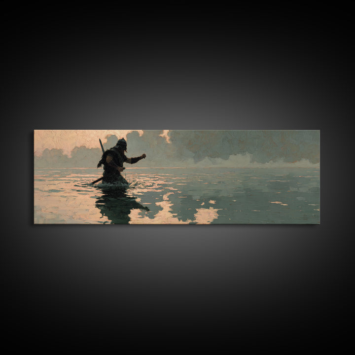 Lone Warrior Wading Through Water Wall Art, Moody Seascape Painting, Dark Fantasy Decor, Cinematic Living Room Print, Gift For Him